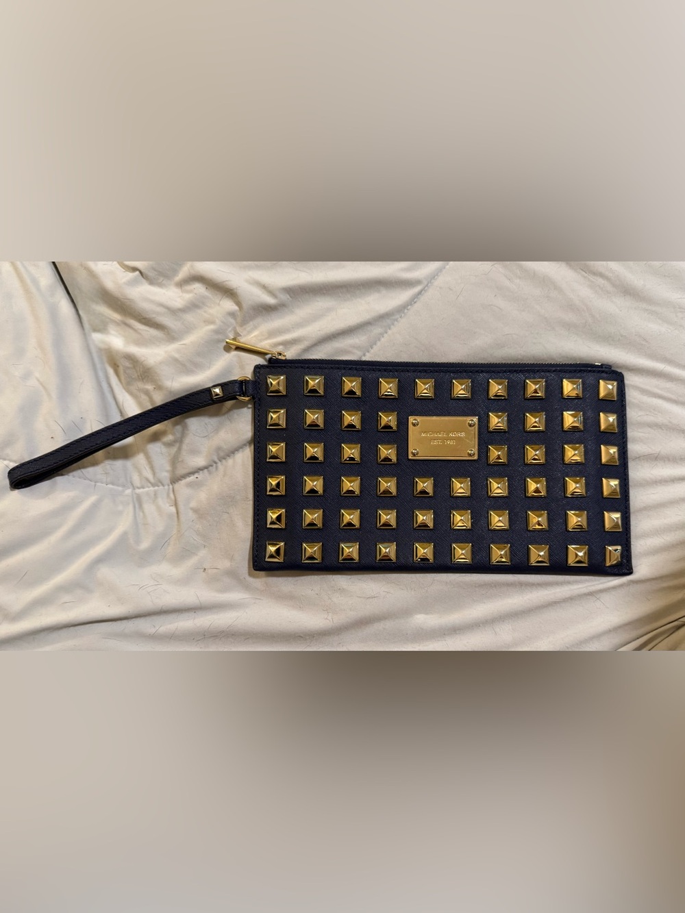 Michael Kors Navy Wristlet Clutch with Gold Studs
